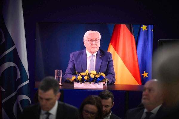 In this photo provided by the Ukrainian Presidential Press Office, Germany's President Frank-Walter Steinmeier delivering a video message to the participants of the Support Ukraine summit in Kyiv, Ukraine, Monday, Feb. 24, 2025. (Ukrainian Presidential Press Office via AP)