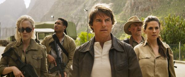 This image shows Pom Klementieff, from left, Greg Tarzan Davis, Tom Cruise, Simon Pegg, and Hayley Atwell in a still from the film "Mission: Impossible - The Final Reckoning." (Paramount Pictures via AP)