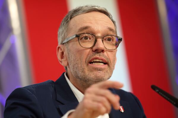 FILE - The leader of Austria's Freedom Party, Herbert Kickl, addresses a news conference, in Vienna, Austria, Tuesday, Jan. 7, 2025. (AP Photo/Heinz-Peter Bader, File)