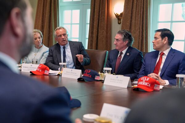 Secretary of Health and Human Services Robert F. Kennedy, Jr., speaks during a cabinet meeting at the White House, Wednesday, April 30, 2025, in Washington, as from left, Vice President JD Vance, Secretary of Education Linda McMahon, Kennedy, Secretary of Interior Doug Burgum and Secretary of State Marco Rubio, look on. (AP Photo/Evan Vucci)