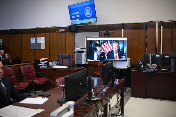 President-elect Donald Trump appears on a video feed for his sentencing for for his hush money conviction in a Manhattan courtroom on Friday, Jan. 10, 2025 in New York. (Curtis Means/Pool Photo via AP)