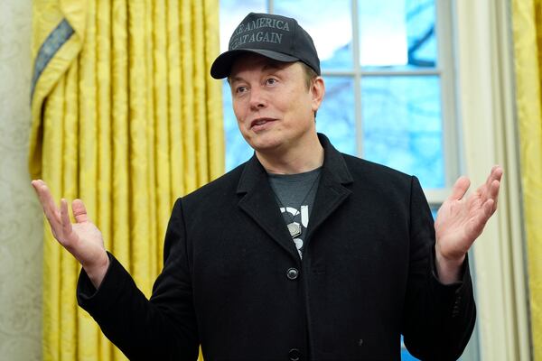 FILE - Elon Musk speaks during an event with President Donald Trump in the Oval Office at the White House, Feb. 11, 2025, in Washington. (AP Photo/Alex Brandon)