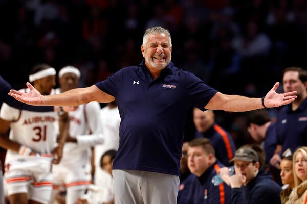 Auburn head coach Bruce Pearl reacts to a call during the first half of an NCAA college basketball game against Purdue, Saturday, Dec. 21, 2024, in Birmingham, Ala. (AP Photo/ Butch Dill)