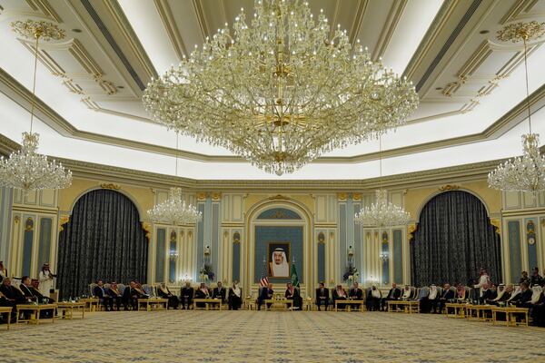 President Donald Trump and Saudi Crown Prince Mohammed bin Salman speak during a meeting at the Royal Palace in Riyadh, Saudi Arabia, Tuesday, May 13, 2025. (AP Photo/Alex Brandon)