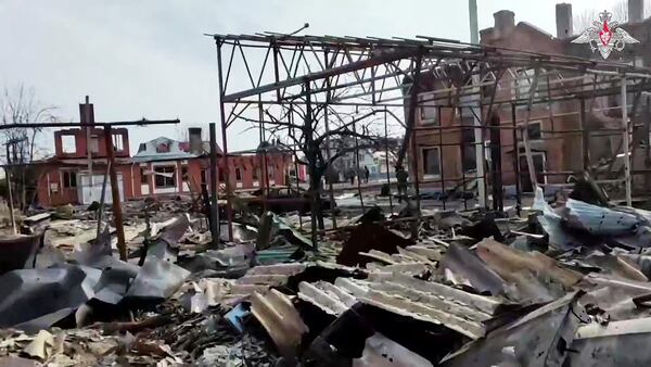 In this photo taken from video distributed by Russian Defense Ministry Press Service on Thursday, March 13, 2025, a view of Sudzha, the biggest town in the Kursk region of Russia after it was taken over by Russian troops. (Russian Defense Ministry Press Service via AP)