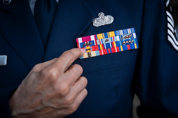 Calvin Stevens, Air Force Reserve Veteran, displays his awards and decorations outside his home in Decatur, Georgia on Thursday, Feb. 7, 2025. (AP Photo/Olivia Bowdoin)