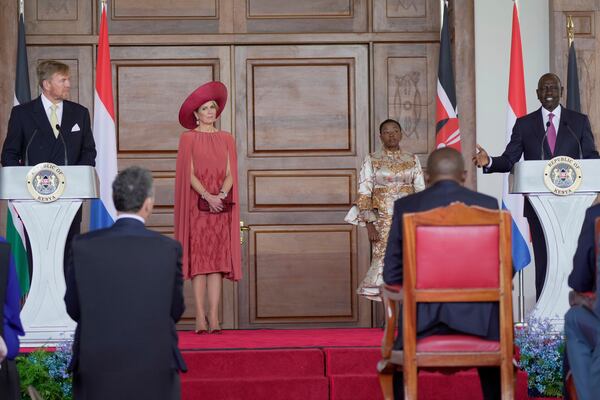 Netherlands King Willem-Alexander, left and Queen Maxima, second left, during a joint press conference with Kenya's President William Ruto, right, after meeting at State House in Nairobi, Kenya Tuesday, March. 18, 2025. (AP Photo/Brian Inganga)