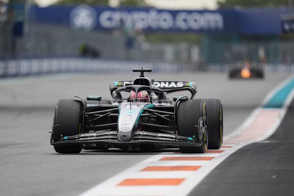 Mercedes driver George Russell of Britain races during the Formula One Miami Grand Prix auto race Sunday, May 4, 2025, in Miami Gardens. Fla. (AP Photo/Rebecca Blackwell)