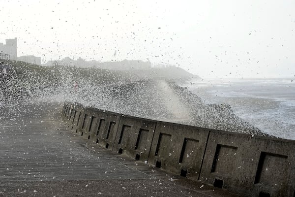 Waves crash on the Seawall during Storm Eowyn that hits the country in Cleveleys, near Blackpool, England, Friday, Jan. 24, 2025.(AP Photo/Jon Super)