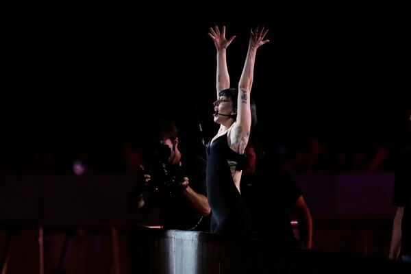 Lady Gaga takes part in a rehearsal a day ahead of her free concert, on Copacabana beach, in Rio de Janeiro, Friday, May 2, 2025. (AP Photo/Bruna Prado)