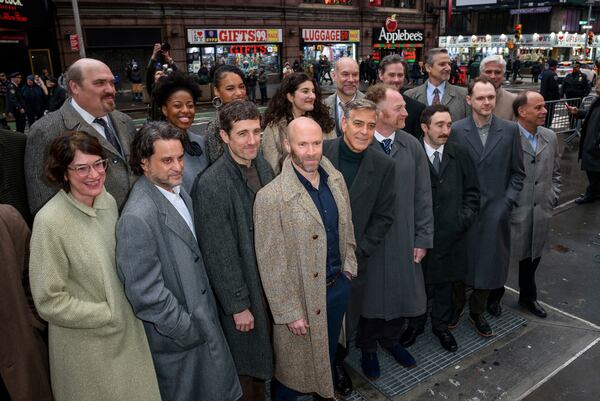 FILE - The cast of "Good Night, and Good Luck" appear with George Clooney, front row center, at the Broadway cast announcement at the Winter Garden Theatre on Feb. 6, 2025, in New York. (Photo by Christopher Smith/Invision/AP, File)