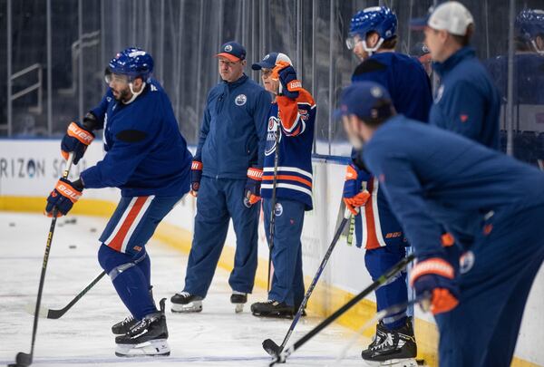 Canadian Prime Minister Mark Carney skates with the Edmonton Oilers NHL hockey team during a visit to Edmonton, Alberta, Thursday, March 20, 2025. (Jason Franson/The Canadian Press via AP)