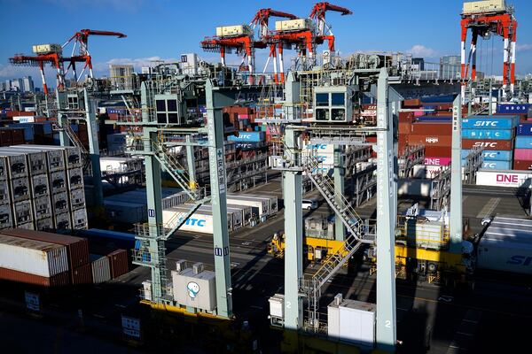FILE - Tokyo Container Terminal is seen in Tokyo on Feb. 19, 2025. (AP Photo/Eugene Hoshiko, File)