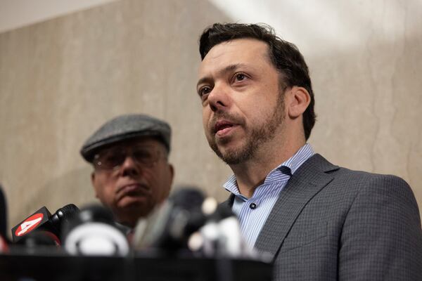 Timothy Oliver Lee, the brother of Bob Lee, makes remarks at the Hall of Justice during the murder trial of Nima Momeni, Tuesday, Dec. 17, 2024, in San Francisco. (AP Photo/Benjamin Fanjoy)