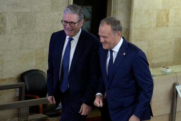 Britain's Prime Minister Keir Starmer meets Polish Prime Minister Donald Tusk, right, in Warsaw, Friday, Jan. 17, 2025. (AP Photo/Czarek Sokolowski)