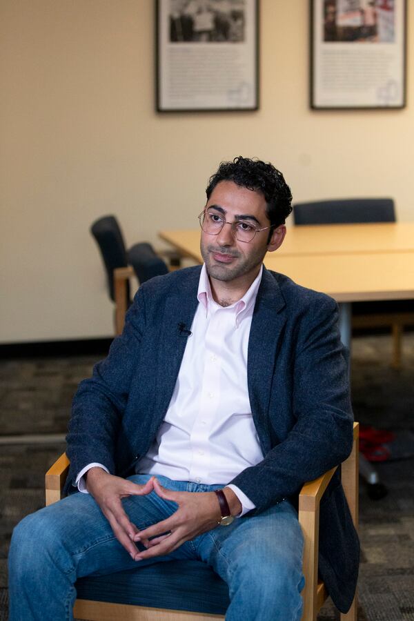 Mohsen Mahdawi speaks during an interview at the ACLU of Vermont on Thursday, May 8, 2025, in Montpelier, Vt. (AP Photo/Alex Driehaus)