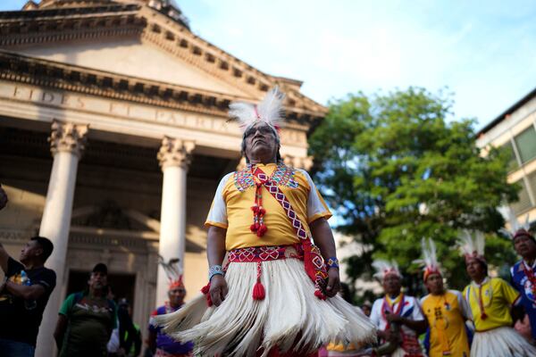 FILE - Maka Indigenous leader Mateo Martinez leads a protest for the recovery of ancestral lands in Asuncion, Paraguay, Feb. 28, 2024. (AP Photo/Jorge Saenz, File)