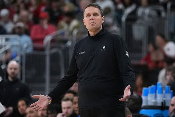 McNeese State head coach Will Wade questions a call during the first half in the second round of the NCAA college basketball tournament, Saturday, March 22, 2025, in Providence, R.I. (AP Photo/Charles Krupa)