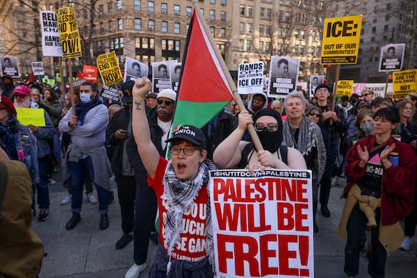 Protestors demonstrate and demand the release of Palestinian activist Mahmoud Khalil, Monday, March 10, 2025, outside the Jacob K. Javits Federal Building in New York. (AP Photo/Yuki Iwamura)