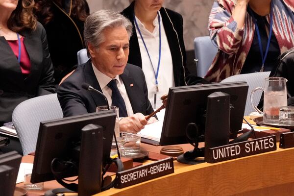 U.S. Secretary of State Antony Blinken gavels the meeting open as President of the United Nations Security Council, Thursday, Dec. 19, 2024. (AP Photo/Richard Drew)