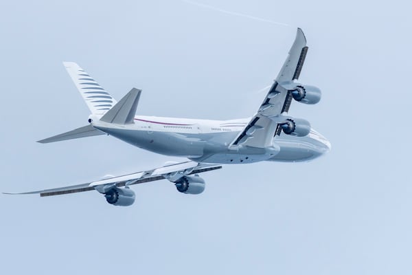 FILE - A 13-year-old private Boeing aircraft that President Donald Trump toured on Saturday to check out new hardware and technology features, and highlight the aircraft maker's delay in delivering updated versions of the Air Force One presidential aircraft, takes off from Palm Beach International Airport, Feb. 16, 2025, in West Palm Beach, Fla. (AP Photo/Ben Curtis, File)