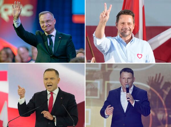 This combo shows the candidates for Polish Presidential Election: current Polish President Andrzej Duda, top left, liberal mayor of Warsaw Rafał Trzaskowski, top right, and conservative nationalists Karol Nawrocki, bottom left, and Sławomir Mentzen, bottom right. (AP Photo, Jose Luis Magana, Czarek Sokolowski)