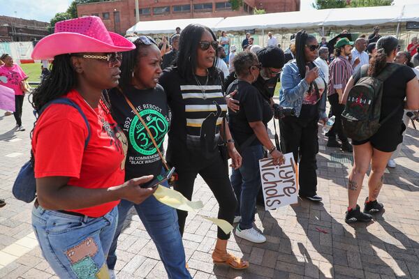 Mother of Tyre Nichols, RowVaughn Wells, center, attends a community rally in honor of Tyre, Thursday, May 8, 2025, in Memphis, Tenn. (AP Photo/Nikki Boertman)