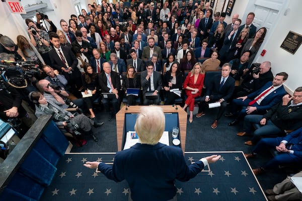 President Donald Trump speaks with reporters in the James Brady Press Briefing Room at the White House, Thursday, Jan. 30, 2025, in Washington. (AP Photo/Alex Brandon)