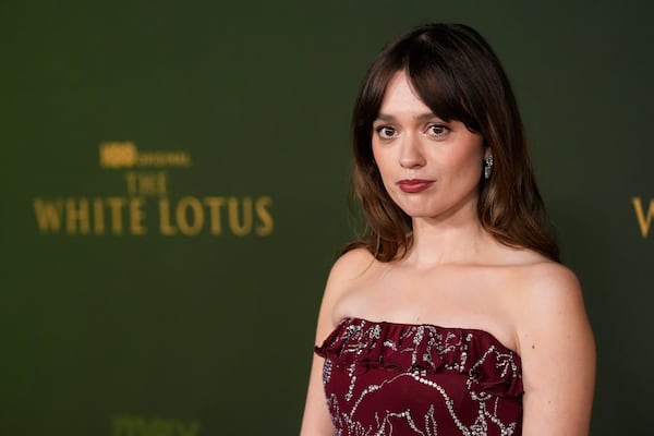 Aimee Lou Wood arrives at the season three premiere of "The White Lotus" on Monday, Feb. 10, 2025, at Paramount Theater in Los Angeles. (AP Photo/Chris Pizzello)