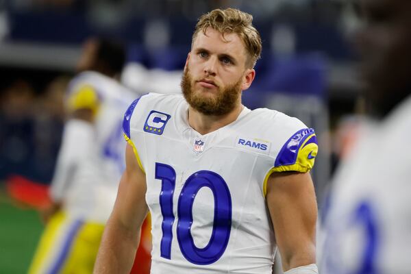 FILE - Los Angeles Rams wide receiver Cooper Kupp (10) walks on the sideline during an NFL football game in Arlington, Texas, Sunday, Nov. 29, 2023. (AP Photo/Michael Ainsworth, File)