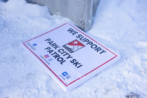 Park City Ski Patrol strike requesting livable wages in Park City, Utah, Tuesday, Jan 7. 2025. (AP Photo/Melissa Majchrzak)