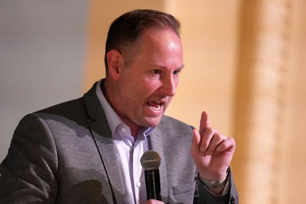 Thomas West, a candidate in the upcoming mayoral primary in Pittsburgh, attends a candidates forum at Perry Traditional Academy in Pittsburgh, Thursday, April 24, 2025. (AP Photo/Gene J. Puskar)