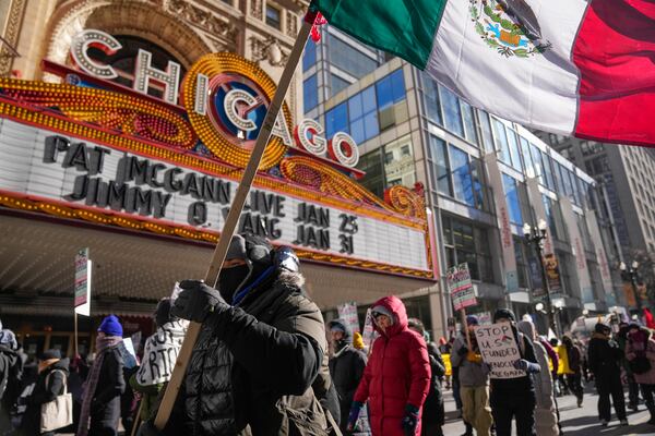 Anti-Trump protesters march to Trump Tower as they rally for a number of issues, including immigrant rights, the Israel-Hamas war, women's reproductive rights, racial equality and others, on the day of President Trump's Inauguration Monday, Jan. 20, 2025, in Chicago. (AP Photo/Erin Hooley)