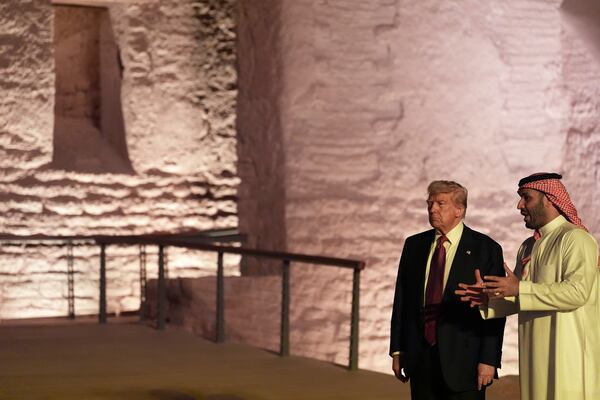 President Donald Trump and His Royal Highness, Mohammed bin Salman al Saud, Crown Prince and Prime Minister, Kingdom of Saudi Arabia, tour the Diriyah/At-Turaif UNESCO World Heritage Site, Tuesday, May 13, 2025, in Riyadh, Saudi Arabia. (AP Photo/Alex Brandon)