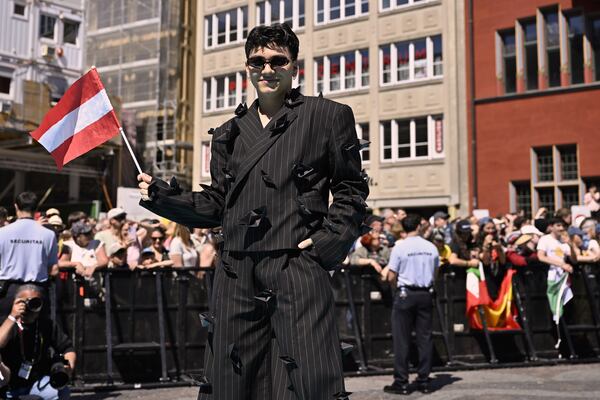 Austria's JJ poses for a photo, during the opening ceremony of the 69th Eurovision Song Contest, in Basel, Switzerland, Sunday, May 11, 2025. (Peter Schneider/Keystone via AP)