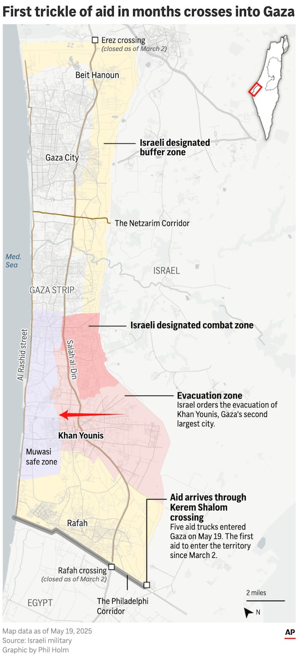The map above highlights Israeli designated buffer and combat zones in the Gaza Strip. It also points out where aid has entered the territory for the first time in nearly 3 months. (AP Graphic)