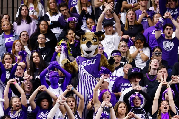 Grand Canyon mascot Thunder the Antelope stands in the student section during the second half of an NCAA college basketball game between Grand Canyon and Texas-Arlington in the championship of the Western Athletic Conference tournament Saturday, March 15, 2025, in Las Vegas. (AP Photo/Chase Stevens)