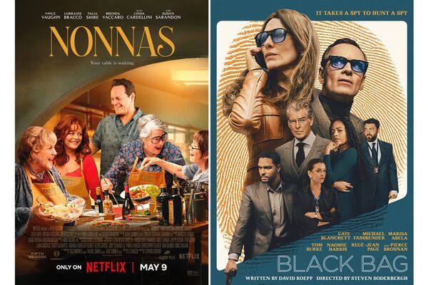 This combination of images shows promotional art for the films "Nonnas," left, and "Black Bag." (Netflix/Focus Features via AP)
