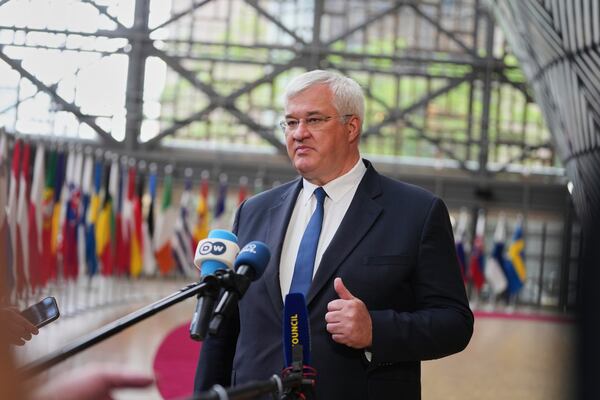 Ukraine's Foreign Minister Andrii Sybiha arrives for a meeting of EU foreign ministers at the European Council building in Brussels, Belgium, Tuesday, May 20, 2025. (AP Photo/Virginia Mayo, Pool)