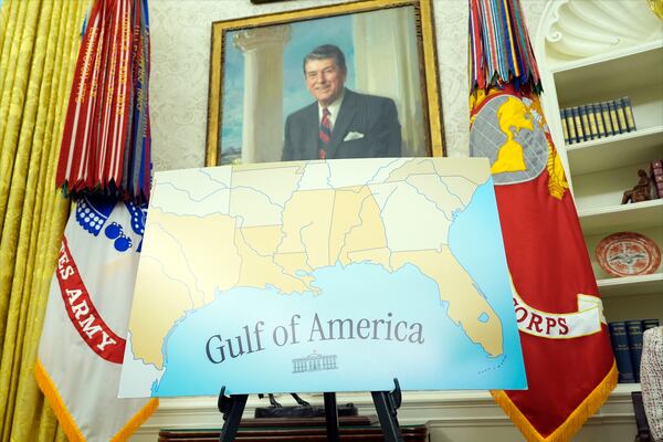 A map featuring the words "Gulf of America" is seen in the Oval Office during an event with President Donald Trump at the White House, Tuesday, Feb. 11, 2025, in Washington. (Photo/Alex Brandon)