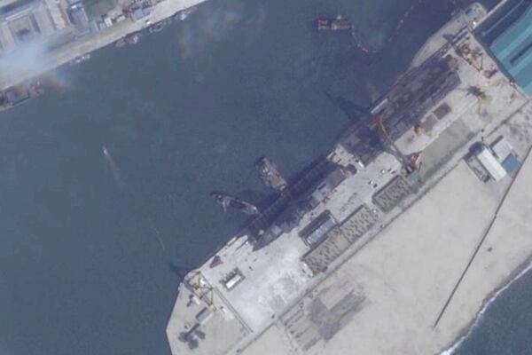 This satellite image from Planet Labs PBC shows a North Korean destroyer before it is put to sea in Chongjin, North Korea, Tuesday, May 20, 2025. (Planet Labs PBC via AP)