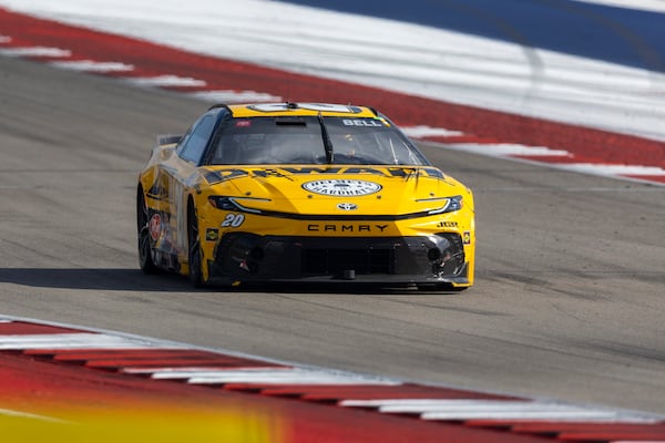 Christopher Bell pulls into Turn 19 during a NASCAR Cup Series auto race at Circuit of the Americas in Austin, Texas, Sunday, March 2, 2025. (AP Photo/Stephen Spillman)