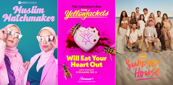 This combination of photos shows promotional art for "Muslim Matchmaker," from left, "Yellowjackets," and "Summer House." (Hulu/Paramount+/Bravo via AP)