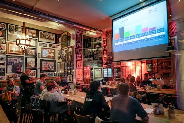 People watch first prjections at a pub in Berlin, Germany, Sunday, Feb. 23, 2025, after the German national election. (AP Photo/Martin Meissner)