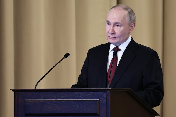 Russian President Vladimir Putin delivers his speech during a meeting of the Federal Security Service (FSB) board, in Moscow, Russia, on Thursday, Feb. 27, 2025. (Alexander Kazakov, Sputnik, Kremlin Pool Photo via AP)