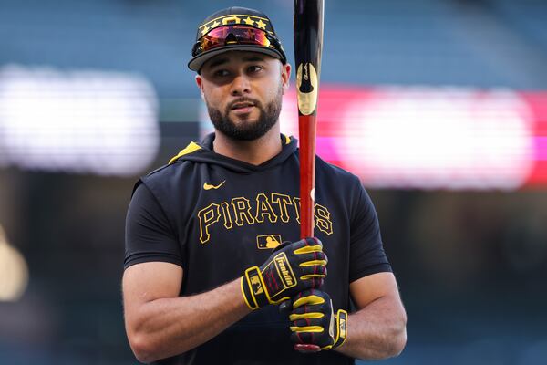 Pittsburgh Pirates' Isiah Kiner-Falefa looks on during batting practice before a baseball game against the Los Angeles Angels in Anaheim, Calif., Tuesday, April 22, 2025. (AP Photo/Jessie Alcheh)