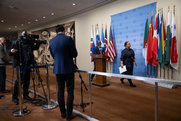 Democratic Republic of the Congo's State Minister, Minister of Foreign Affairs, International Cooperation and Francophonie Thérèse Kayikwamba Wagner leaves a press conference at the United Nations headquarters, Sunday, Jan. 26, 2025. (AP Photo/Yuki Iwamura)