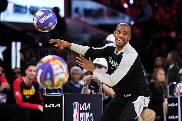 San Antonio Spurs guard Chris Paul competes during the skills challenge at the NBA basketball All-Star Saturday night festivities Saturday, Feb. 15, 2025, in San Francisco. (AP Photo/Godofredo A. Vásquez)