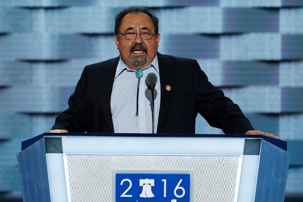 FILE - Rep. Raul Grijalva, D-Ariz., speaks during the first day of the Democratic National Convention in Philadelphia, July 25, 2016. (AP Photo/J. Scott Applewhite, File)