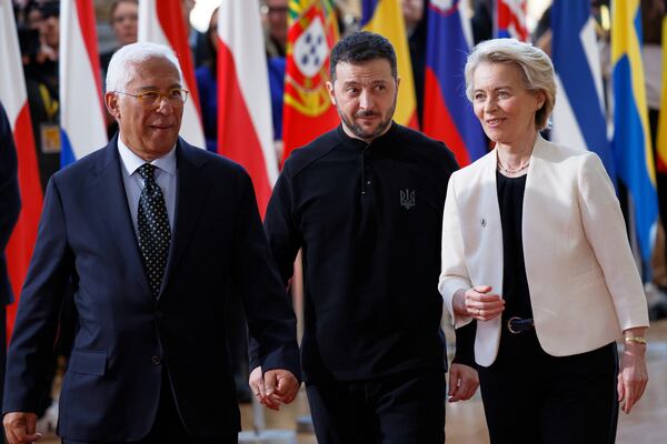 From left, European Council President Antonio Costa, Ukraine's President Volodymyr Zelenskyy and European Commission President Ursula von der Leyen arrive for an EU Summit at the European Council building in Brussels, Thursday, March 6, 2025. (AP Photo/Omar Havana)